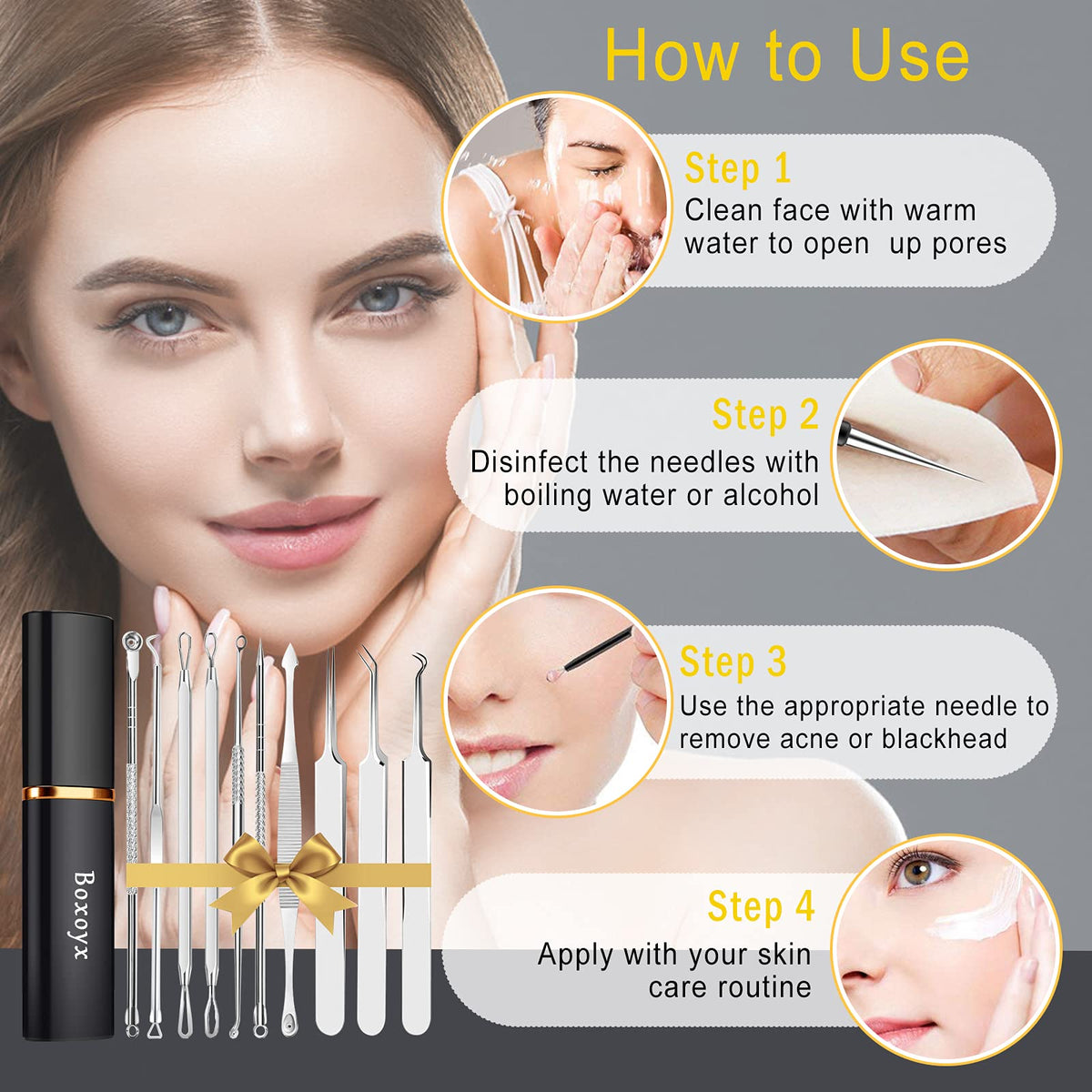 Blackhead Remover Pimple Popping Tool Kit, Boxoyx 10Pcs Professional Pimple Comedone Extractor Popper Tool Acne Removal Kit-Treatment for Pimple, Blackhead, Zit Removing, Forehead,Facial&Nose (Silver)