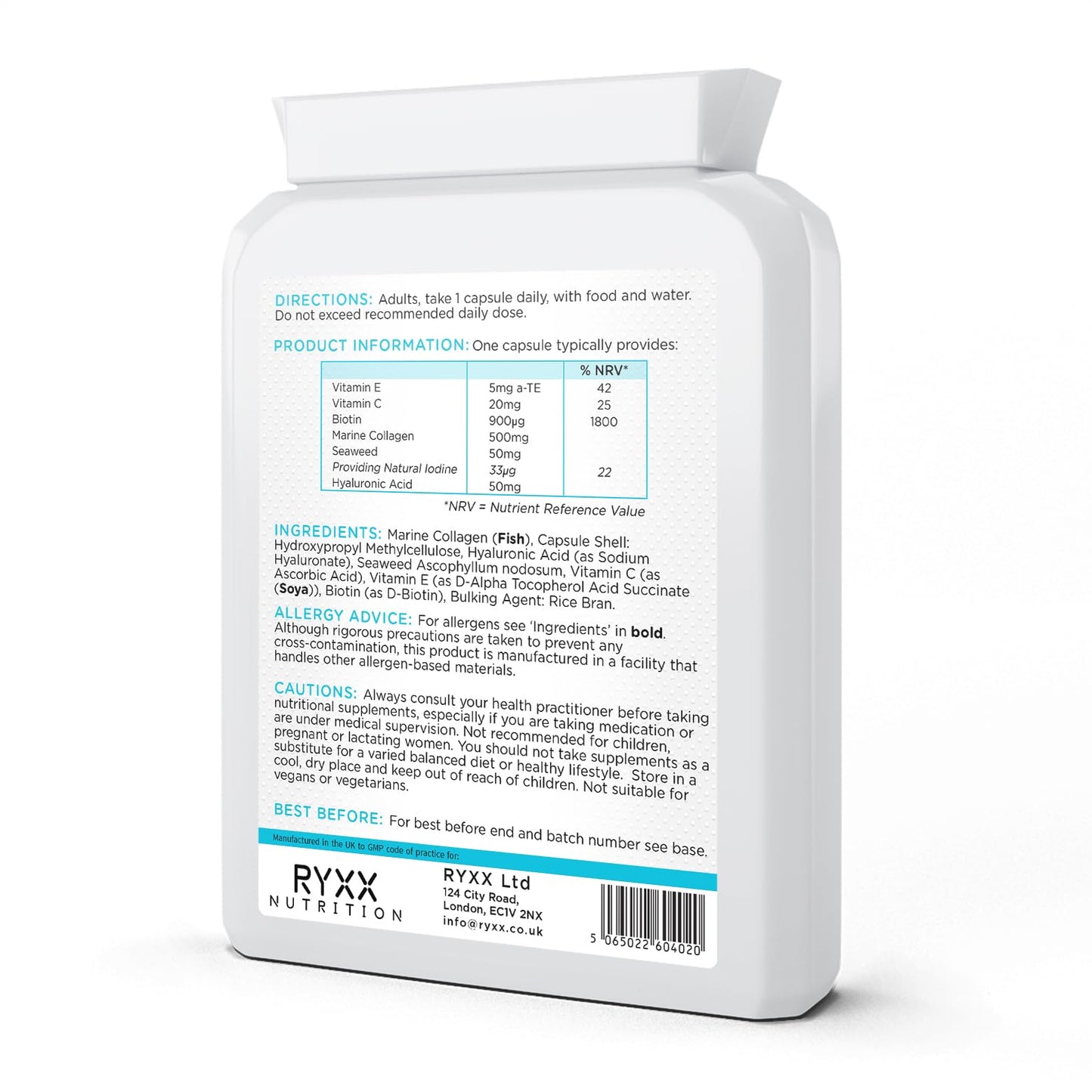 Collagen Complex + | Collagen Supplements for Women & Men | Contains Marine Collagen, Hyaluronic Acid, Seaweed, Biotin, Vitamin C & Vitamin E | 60 Capsules | Made in The UK by RYXX