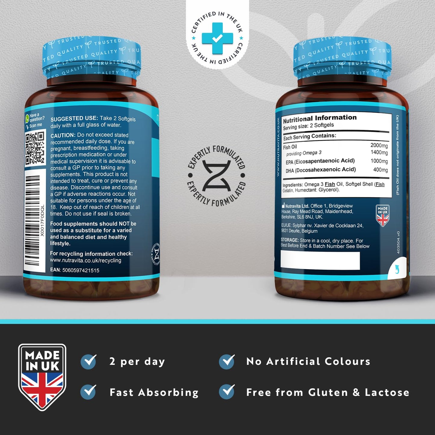 Highest Strength Omega 3 Fish Oil 2000mg - Providing 1000mg EPA & 400mg DHA per Serving - Sustainably Sourced & Contaminant Free - Made in The UK by Nutravita