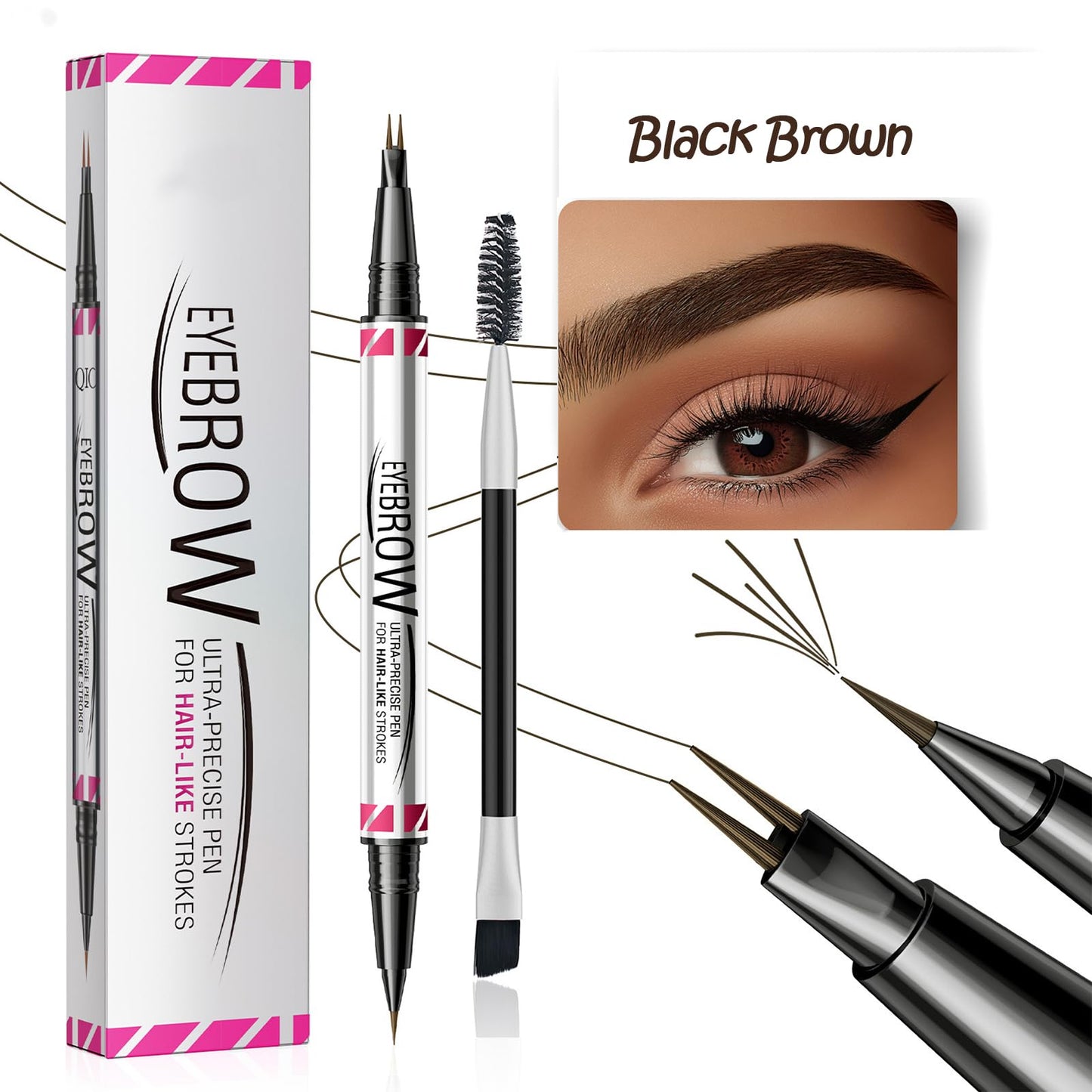 Generic Dual-End Design Microblading Eyebrow Pen with Blush, Natural Brows, Waterproof, Long-Lasting(Black Brown)