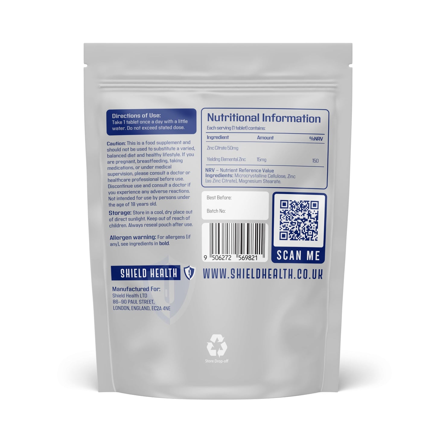 Shield Health Zinc 50mg High Strength - 180 Zinc Tablets (6 Month Supply) High Strength Zinc Supplements Contributes Towards Immune Function and Maintenance of Healthy Bones, Vision, Hair, Nails and Skin UK Made