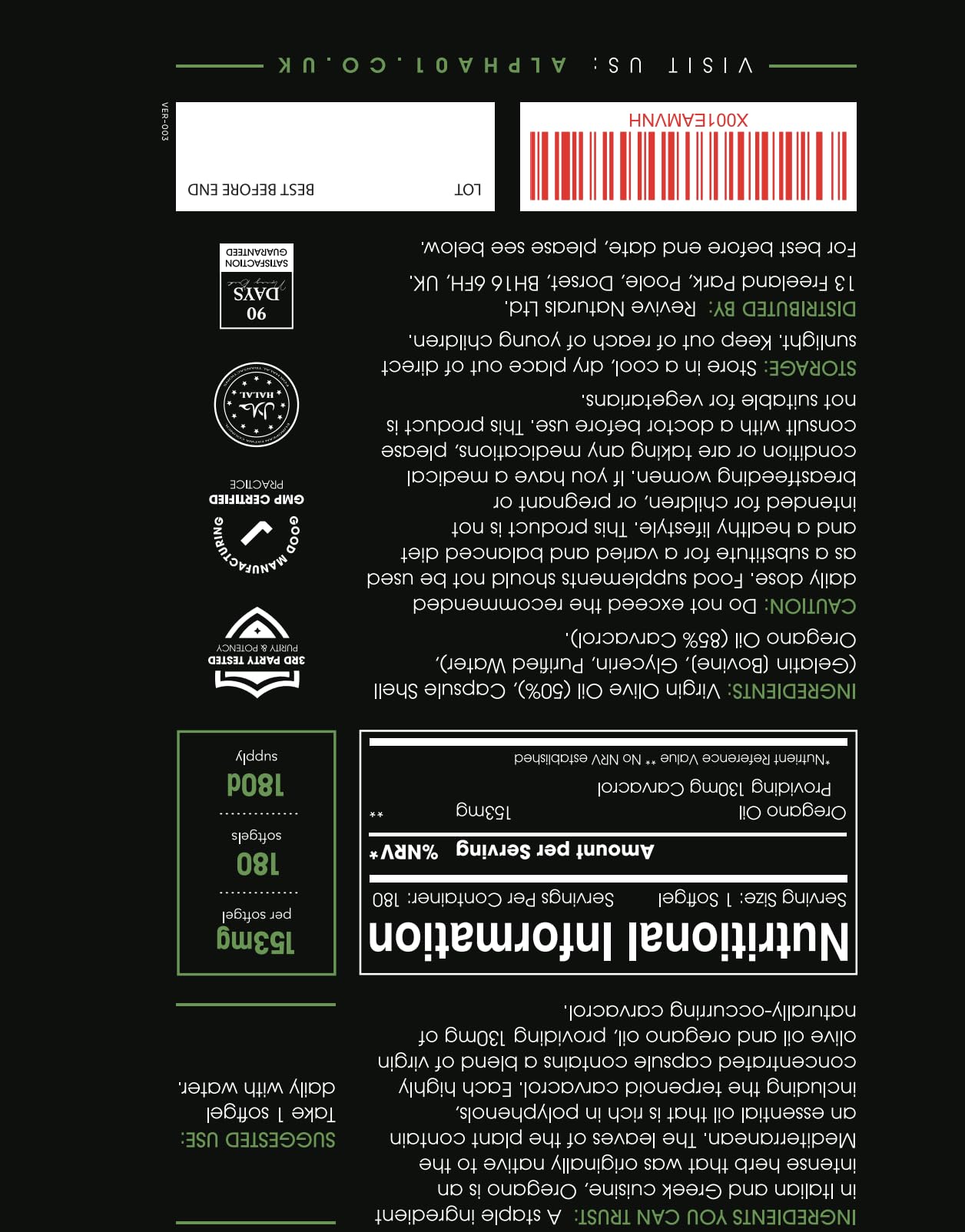ALPHA01 130mg Carvacrol - 153mg Oregano Oil per Softgel | Cold-Pressed | World Highest Concentration Oregano Oil Capsule (85%+ Carvacrol) – Contains 100% Greek Essential Oil of Oregano – 180 Count by Alpha01