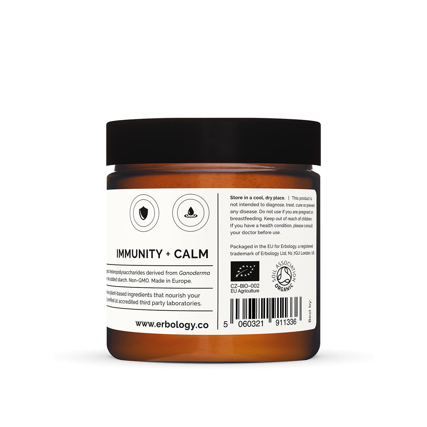 Erbology 100% Organic Reishi Mushroom Powder 50 Servings - 21% Beta-glucans - Immunity Support - Ganoderma Lucidum - Small Batch - Sustainably Grown in Europe - Vegan - Non-GMO - No Added Fillers