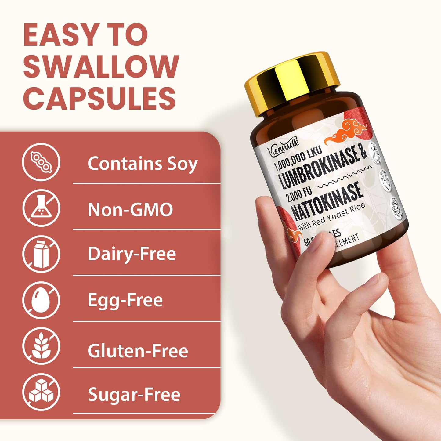 Veenuule Lumbrokinase Supplement 100mg │ Maximum Activity - 1,000,000 LKU │ Lumbrokinase Capsules with Nattokinase 100mg 2000 FU for Blood Circulation and Cardiovascular Health, 60 Capsules