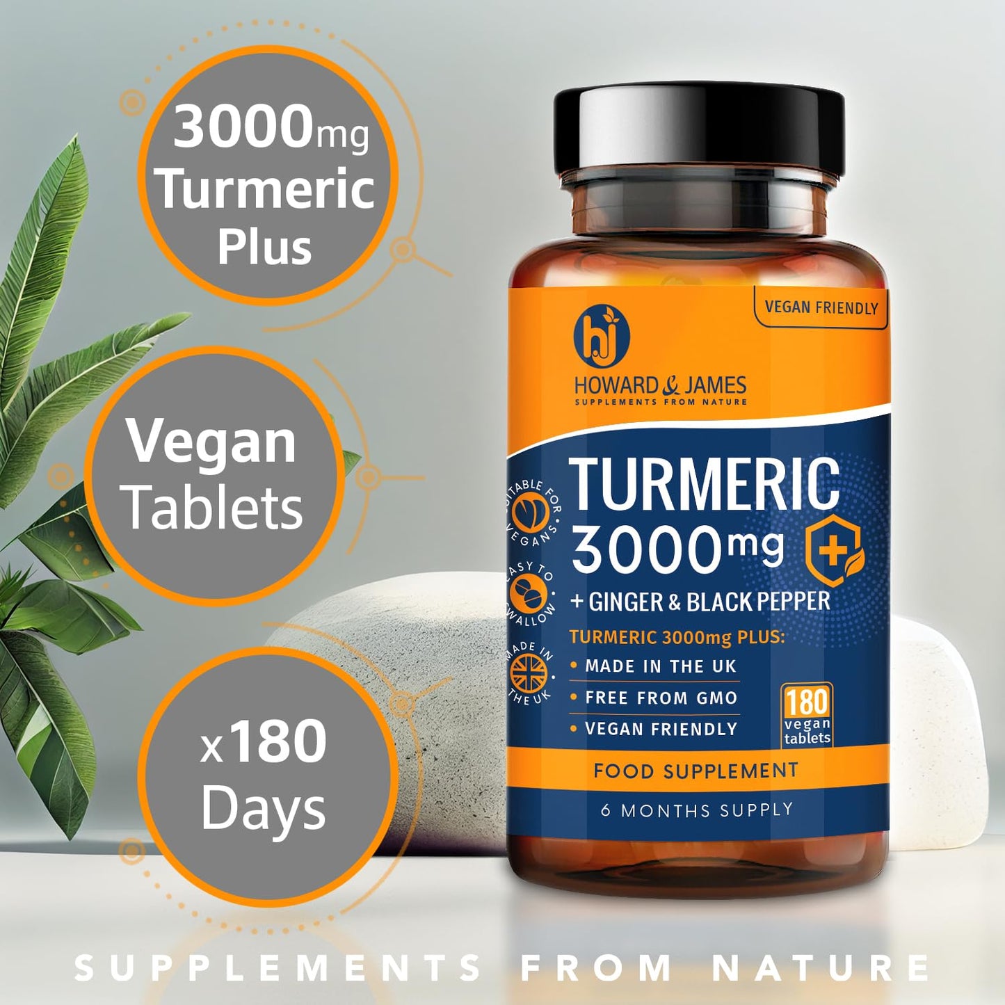 Turmeric 3000mg High Strength Supplement with Black Pepper and Ginger - 180 Vegan Tablets (Not Capsules) - Turmeric with Active Ingredient Curcumin - Made in The UK by Howard & James