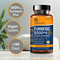 Turmeric 3000mg High Strength Supplement with Black Pepper and Ginger - 180 Vegan Tablets (Not Capsules) - Turmeric with Active Ingredient Curcumin - Made in The UK by Howard & James
