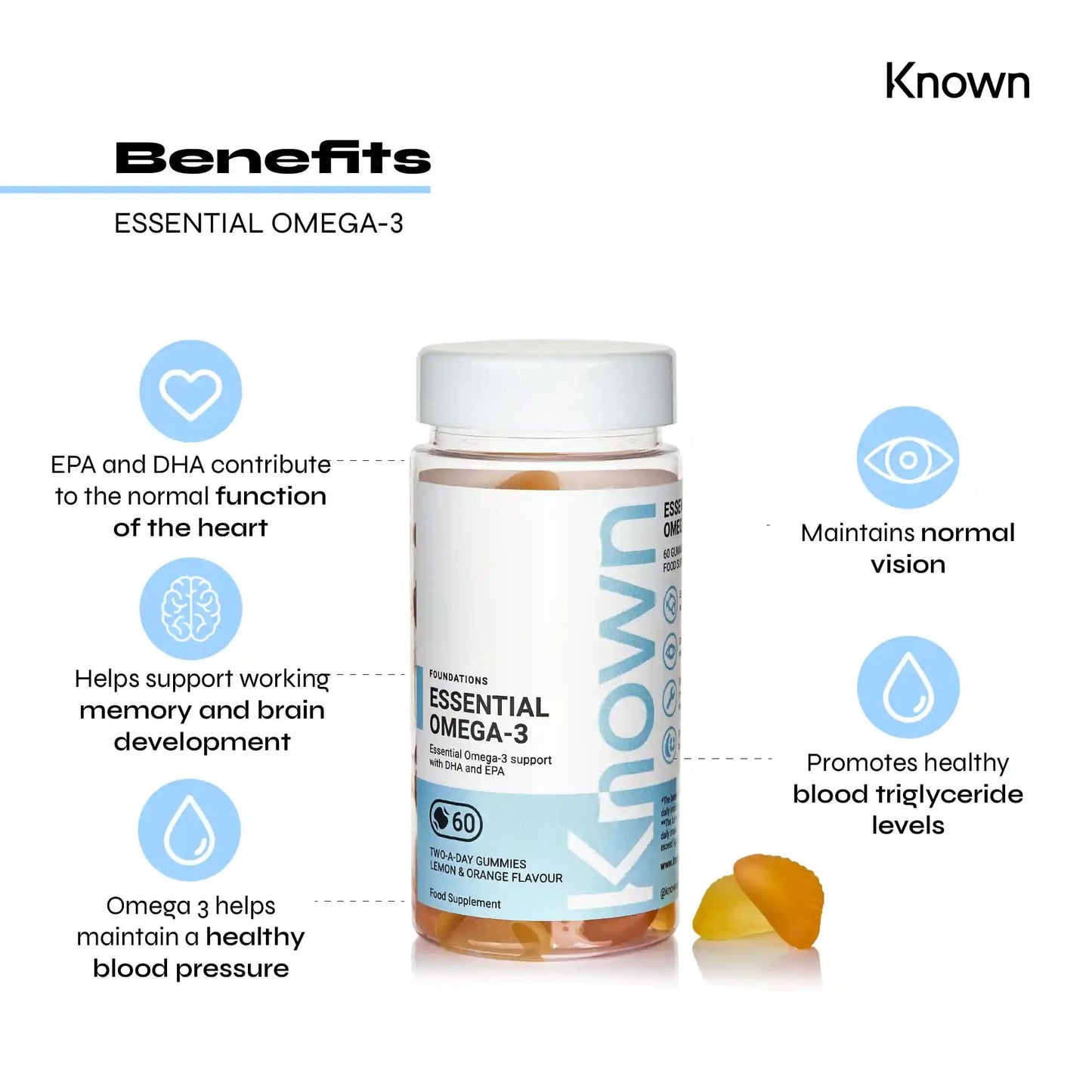 Omega 3 Vitamin Gummies by Known Nutrition with DHA & EPA | 60 Two-a-Day Omega 3 Gummies (One Month’s Supply) | Supports Heart, Brain & Eye Health | Lemon & Orange Flavoured Omega-3 (Pack of 1)