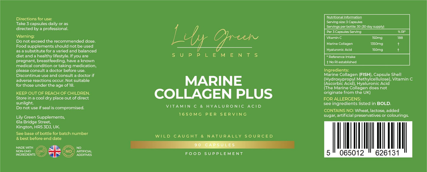 Lily Green Supplements Lily Green | Marine Collagen with Hyaluronic Acid & Vitamin C - 1650mg per Serving | 90 Capsules | Hydrolysed Type 1 Collagen for Women & Men | No Additives | Made in UK