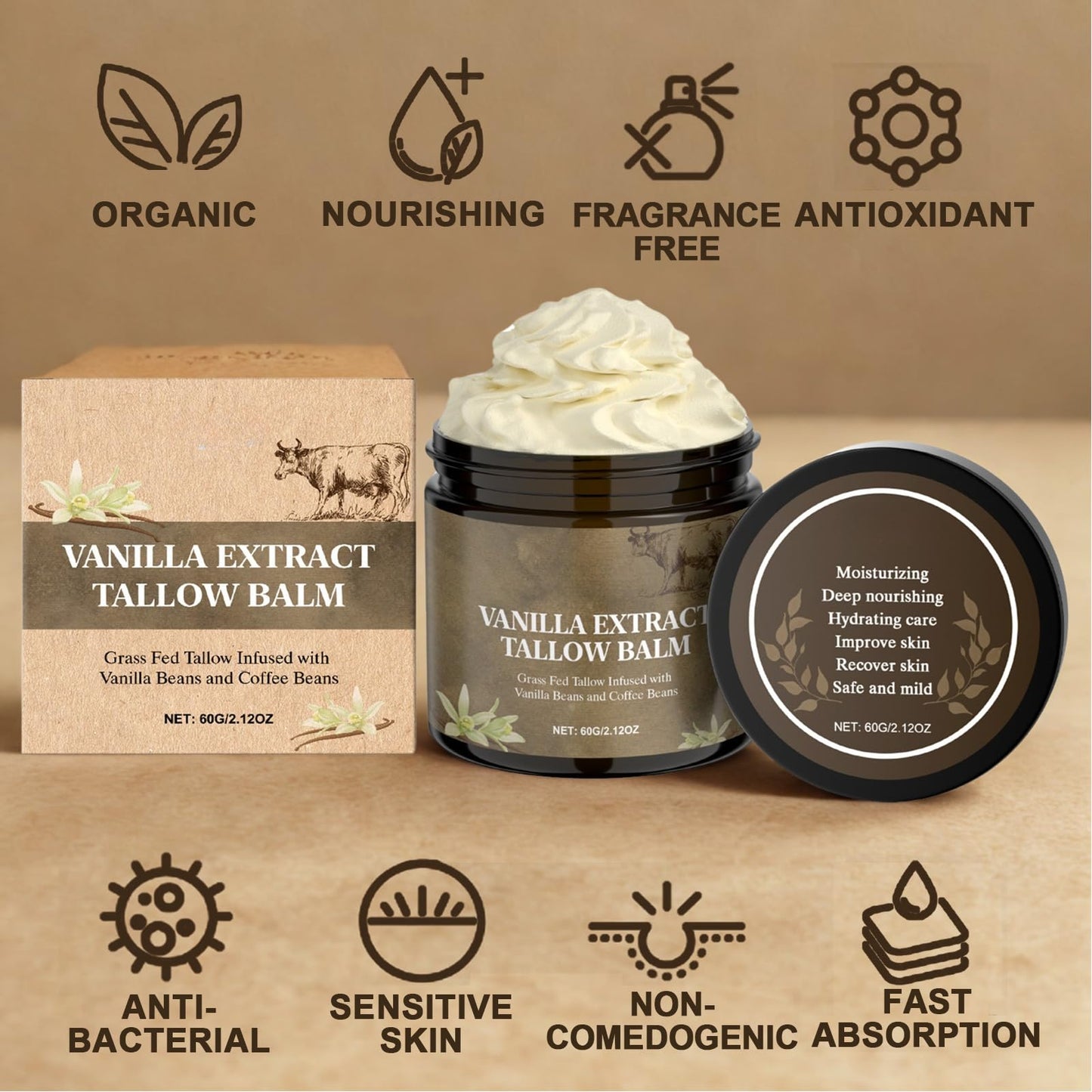 Whipped Tallow Cream - Beef Tallow Moisturiser & Tallow Balm for Dry & Sensitive Skin, 100% Grass Fed Beef Tallow for Skin Care, Enriched with Vanilla Extract, Natural Nourishing for Face & Body