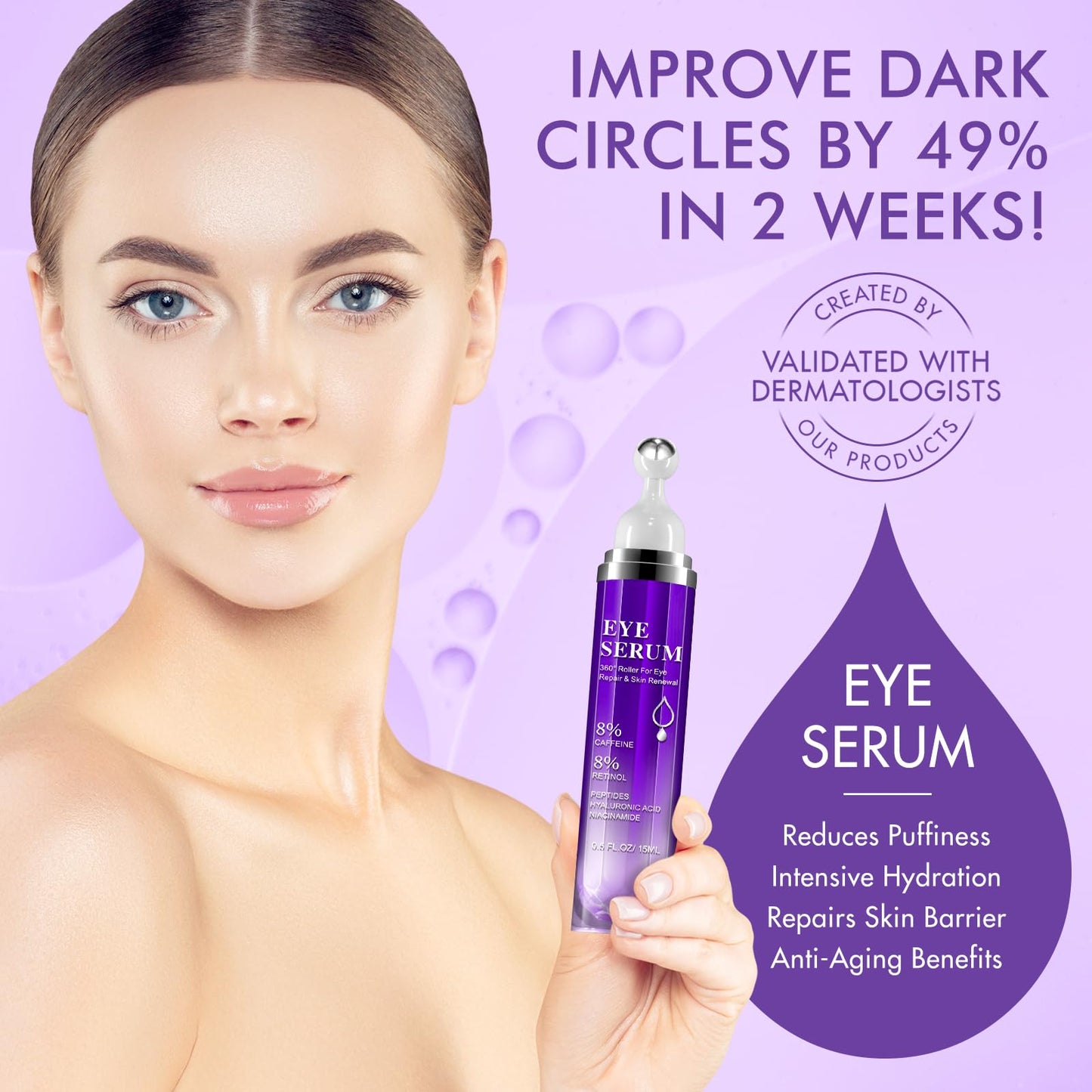 QUANHAO Eye Serum with 8% Caffeine 15ml 2 Pack, Under Eye Serum for Dark Circles and Puffiness Eye, Wrinkles and Fine Lines, Eye Cream, Under Eye Treatment Replumps, Brightens And De-Puffs Eyes