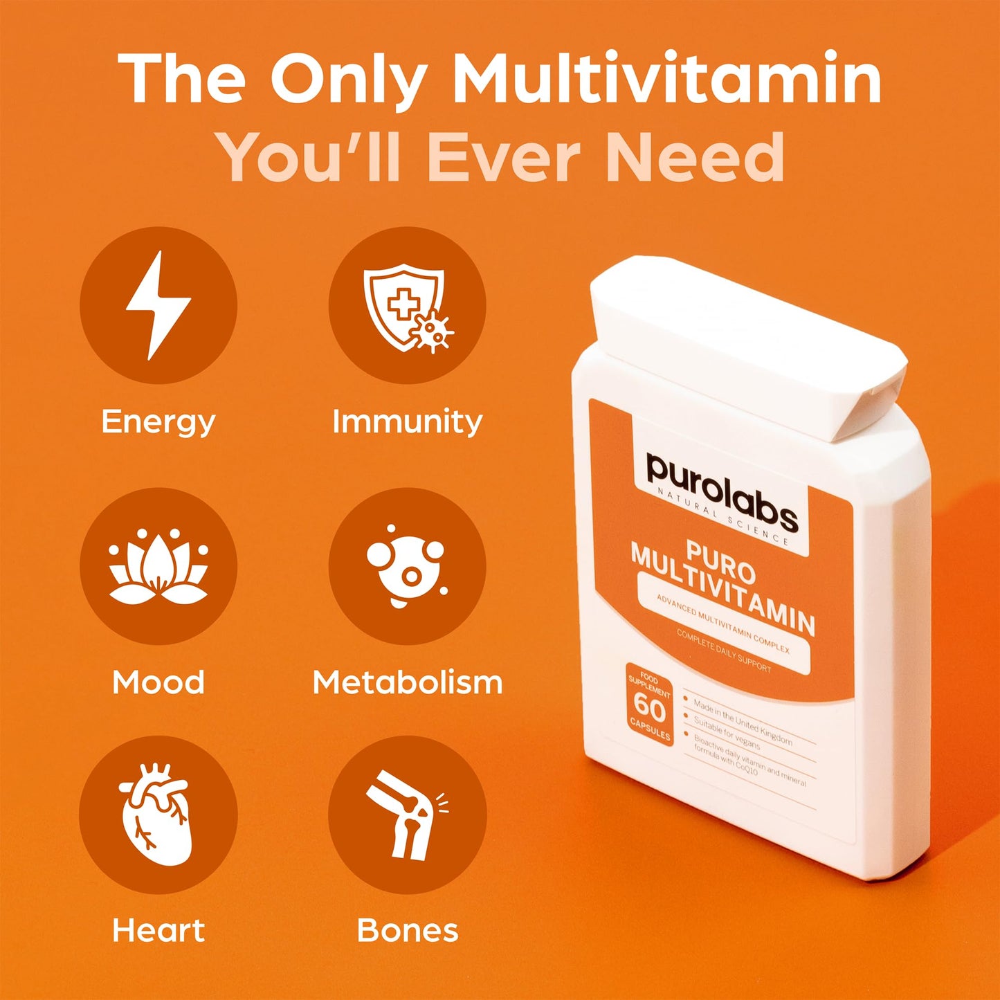 Multivitamins & Minerals Supplement - 34 Essential Nutrients - Daily Multivitamin Tablets for Men & Women - 60 Vegan Capsules - Made in The UK by Purolabs