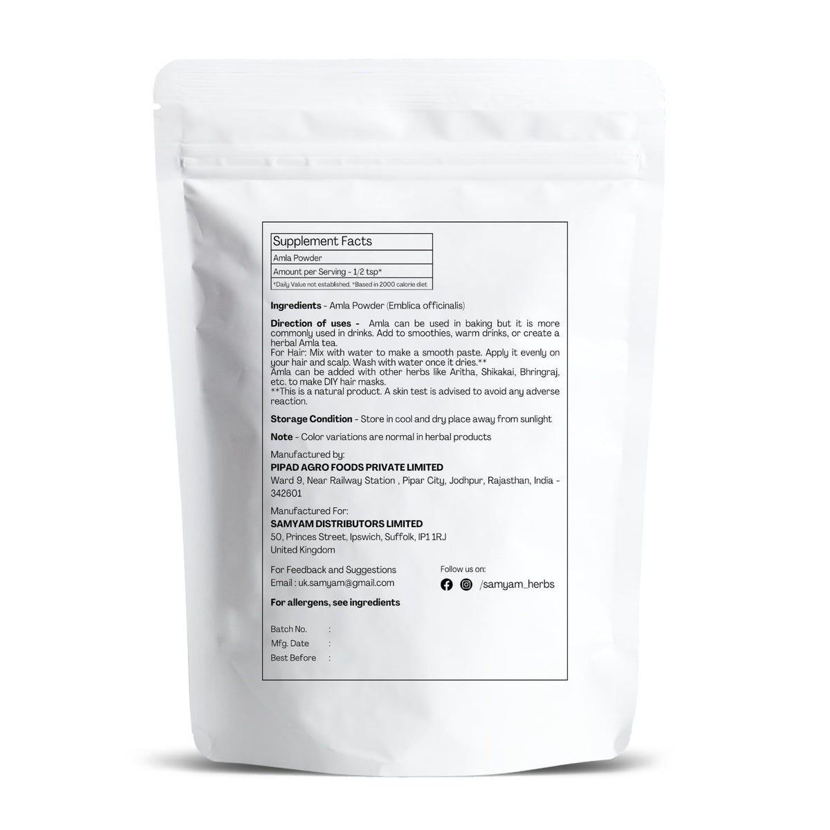 SAMYAM Amla Powder (Phyllanthus emblica) - 500g Pack | Ayurvedic Superfood for Hair, Skin and Health