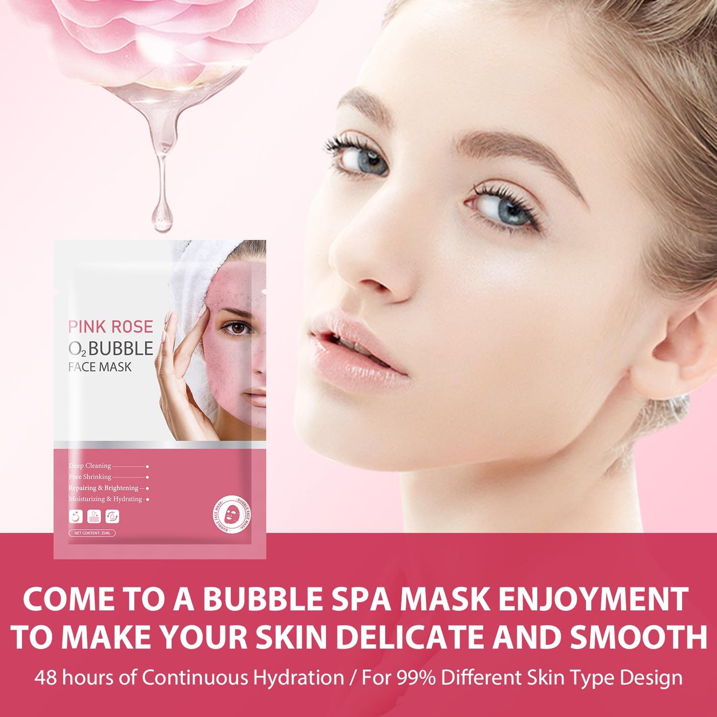 IREV 10 Pack Pink Rose O2 Bubble Face Masks Sheet Foaming Face Mask Purifying Facial Mask for Acne and Pores for Deep Cleansing and Rejuvenating Facial Treatment Mask Beauty Skincare