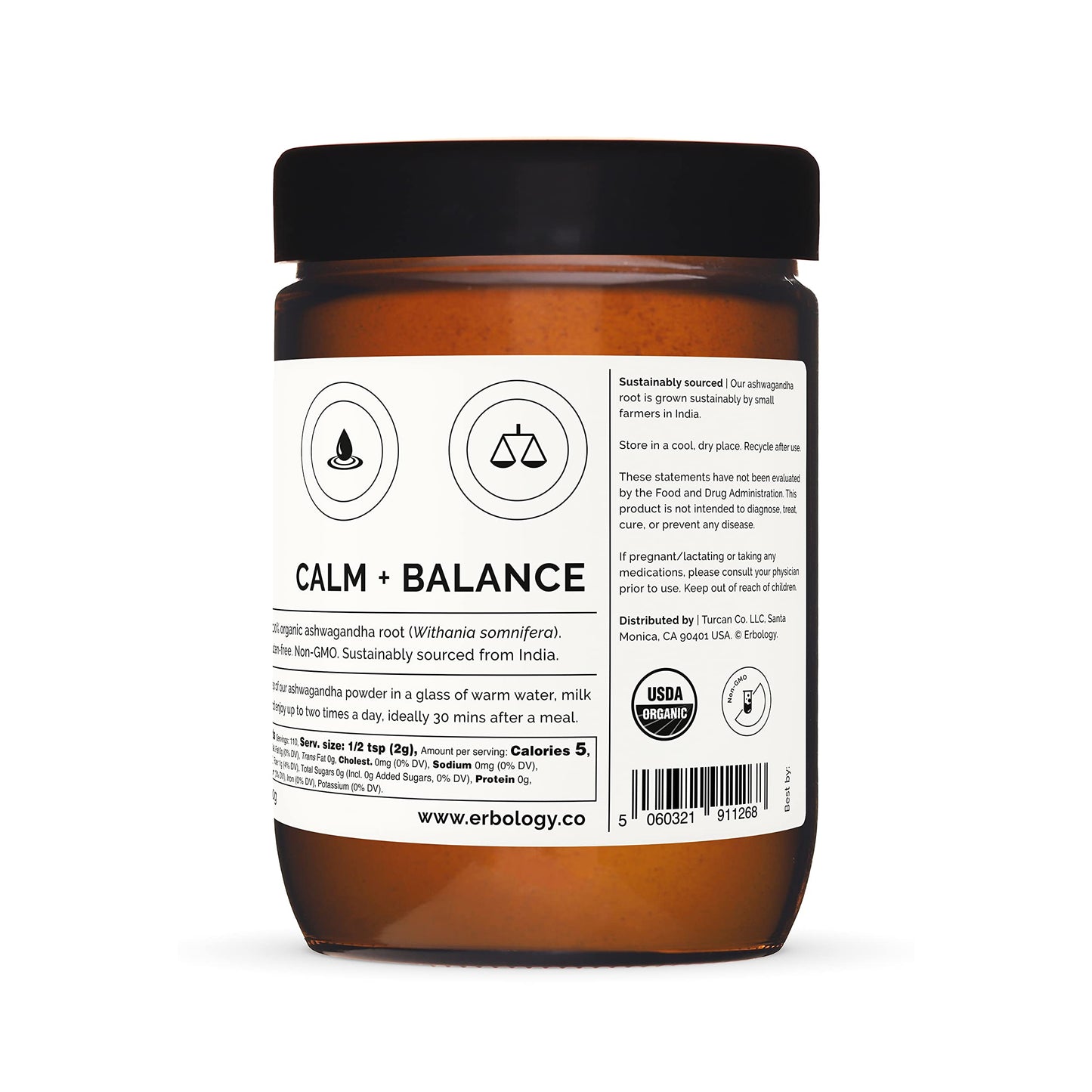 Erbology 100% Organic Ashwagandha Powder 220g - Sleep Aid - Straight from Farm - Raw, Vegan and Gluten-Free - Non-GMO - No Additives or Preservatives - Recyclable Glass Jar