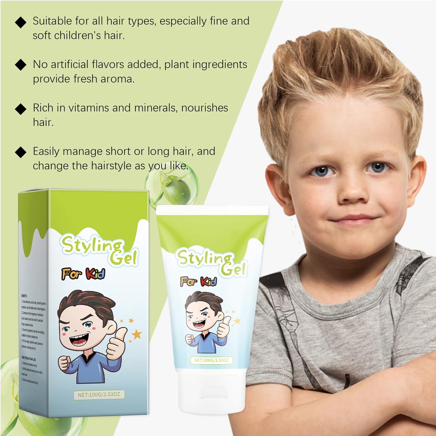 Kids Hair Gel - Styling Gel for Kids All Natural - Baby Hair Gel - Medium Strong Hold - Gentle Hold & Fun Hair Styles - Moisturizing - Fruit Fragrance - 100g/3.53oz