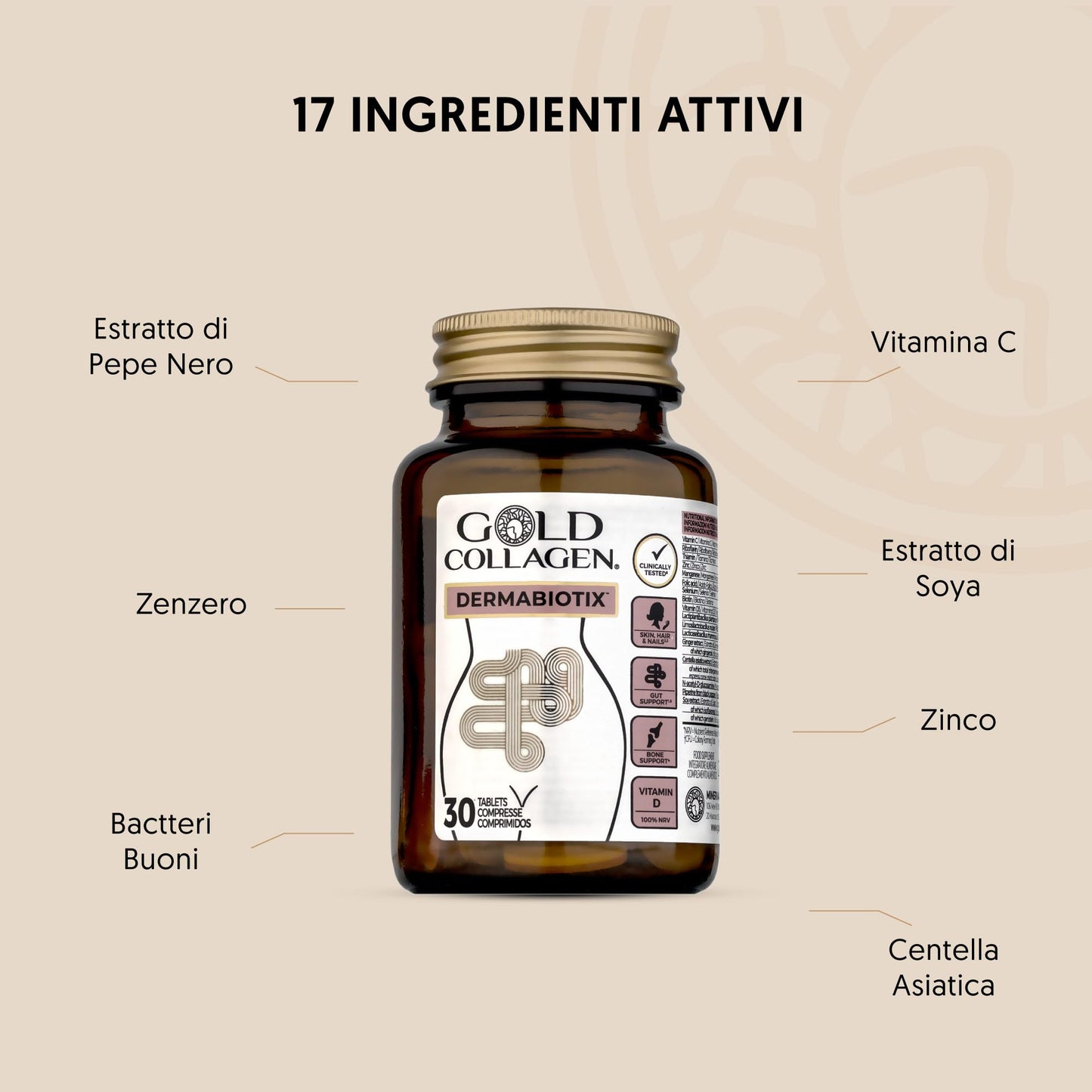 GOLD COLLAGEN Dermabiotix - Probiotics for Gut Health and Hair, Nail, Skin Supplement with Vitamin C B D, Biotin, Zinc and Folic Acid - Bones, Muscles and Calcium Absorption Support, 30 Tablets