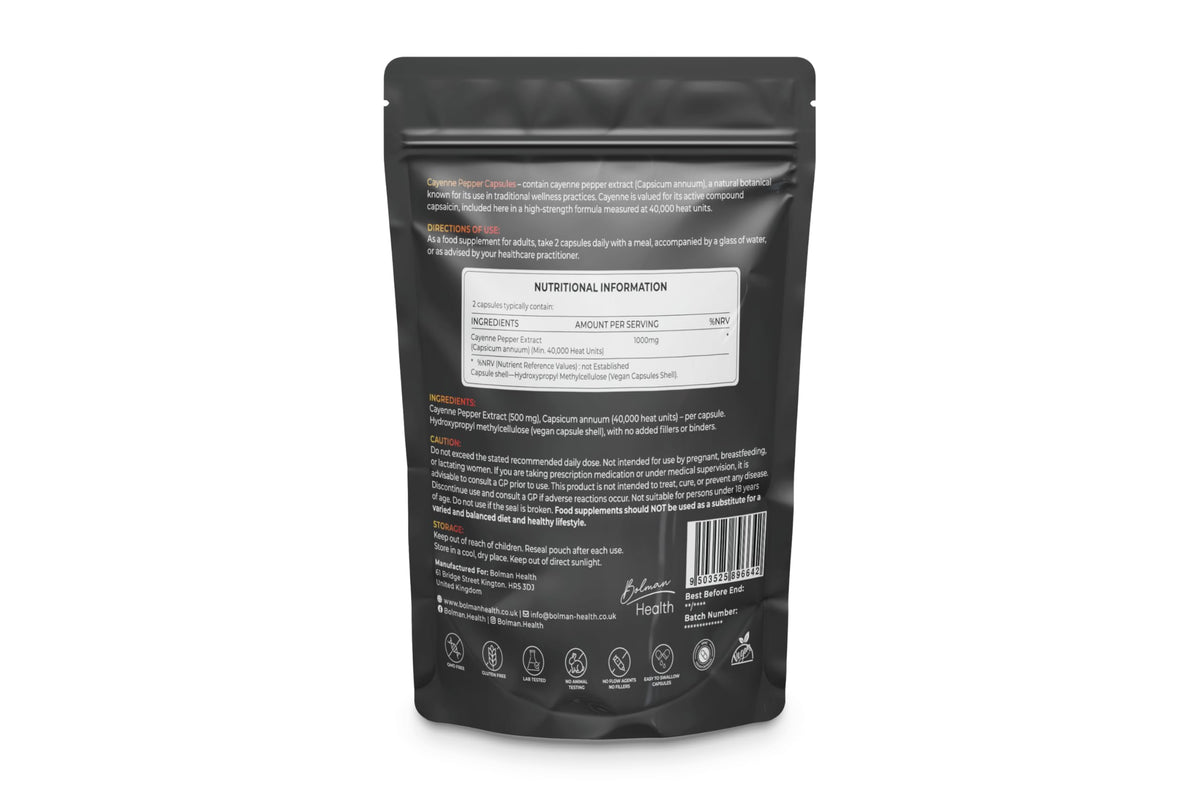 Bolman Health Cayenne Pepper Capsules | 1000mg Per Serving | 60 Vegan HPMC Capsules | Supports Digestion, Circulation & Metabolism | Natural Herbal Source | Non-GMO, Gluten-Free | Made in The UK