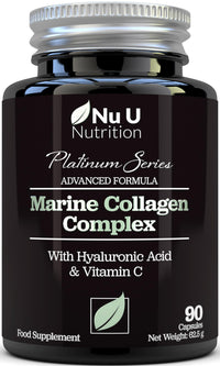 Nu U Nutrition Marine Collagen with Hyaluronic Acid, Vitamin C - 90 Hydrolysed Capsules (not Tablets) - Premium High Strength Collagen Supplements for Women & Men - Type 1 Marine Collagen - for Hair Nails & Skin