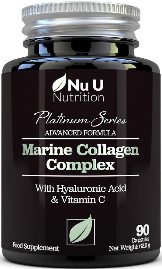 Nu U Nutrition Marine Collagen with Hyaluronic Acid, Vitamin C - 90 Hydrolysed Capsules (not Tablets) - Premium High Strength Collagen Supplements for Women & Men - Type 1 Marine Collagen - for Hair Nails & Skin