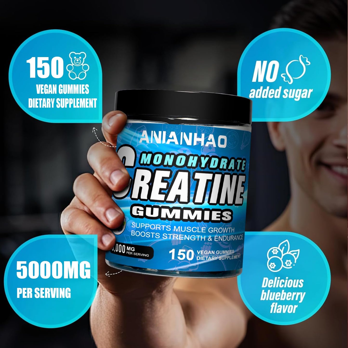 ANIANHAO Creatine Gummies 5000mg 150 Gummies Creatine Monohydrate Gummies - Berry Flavoured Creatine - Pre Workout Gym Supplement for Men & Women - Vegan Chews Chewable Max recommneded Strength (2Bottle)