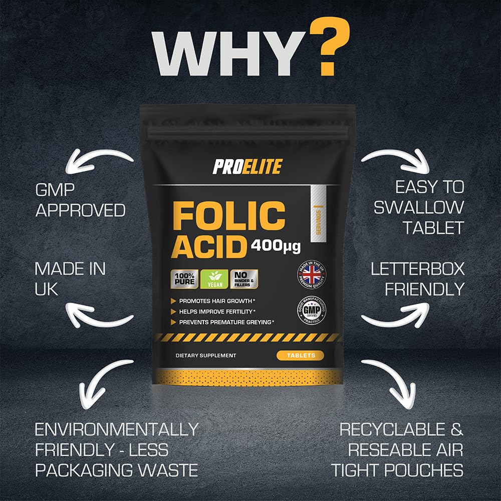 Folic Acid Tablets 400 mcg - 365 Vegan Vitamin B9 Tablets Folic A 400�g Pregnancy Care - Normal Function of Immune System and Reduce Tiredness and Fatigue - Made in The UK by PROELITE