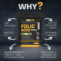 Folic Acid Tablets 400 mcg - 120 Vegan Vitamin B9 Tablets Folic A 400ug Pregnancy Care - Normal Function of Immune System and Reduce Tiredness and Fatigue - Made in The UK by PROELITE
