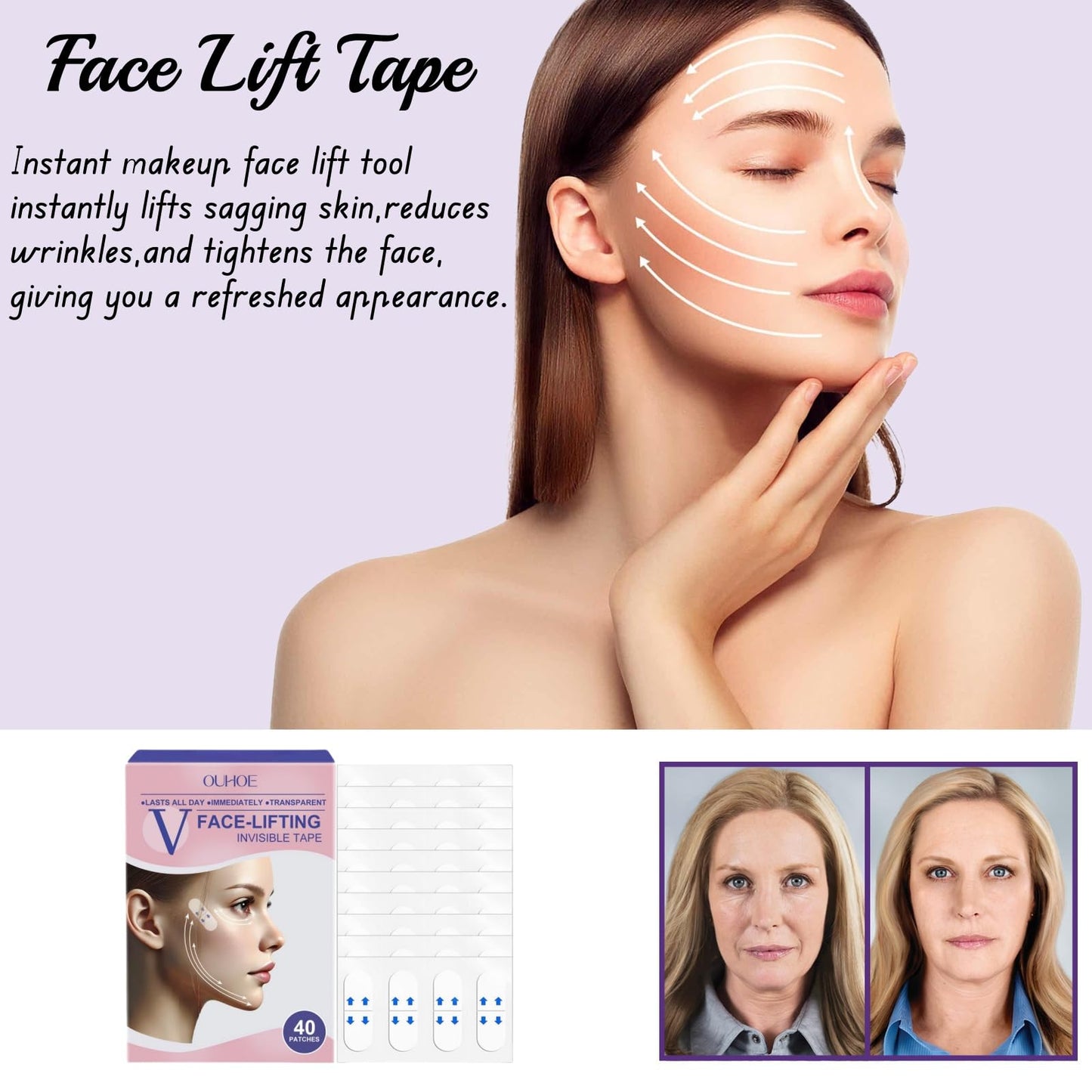 Jinjiar 40PCS Face Lift Tape,Face Lift Tape Invisible,Face Lift Tapes for Facial Wrinkles Reduction, Waterproof Elasticity Face Tape,Anti Wrinkle Patches,Face Tapes for Lifting Sagging Skin,Beauty Face Tape