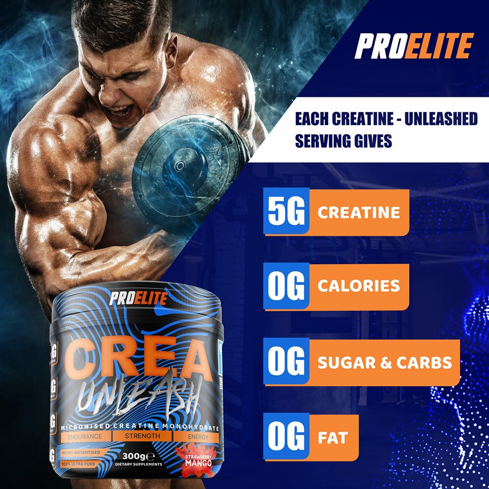 ProElite Creatine Monohydrate Powder 300g Micronised Flavoured & Vegan Creatine Powder for Post & Pre Workout Creatine Supplements by PROELITE (300g, Strawberry Mango)