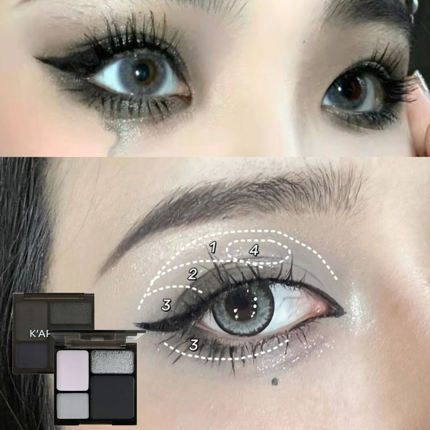 HAORQEE Black Eyeshadow Palette, Smokey Silver Glitter Gothic Eye Shadows Make Up Palettes White Grey Matte Long Lasting 4 Colors Eye Shadow Pallets for Women Girls Halloween Goth Christmas Gifts