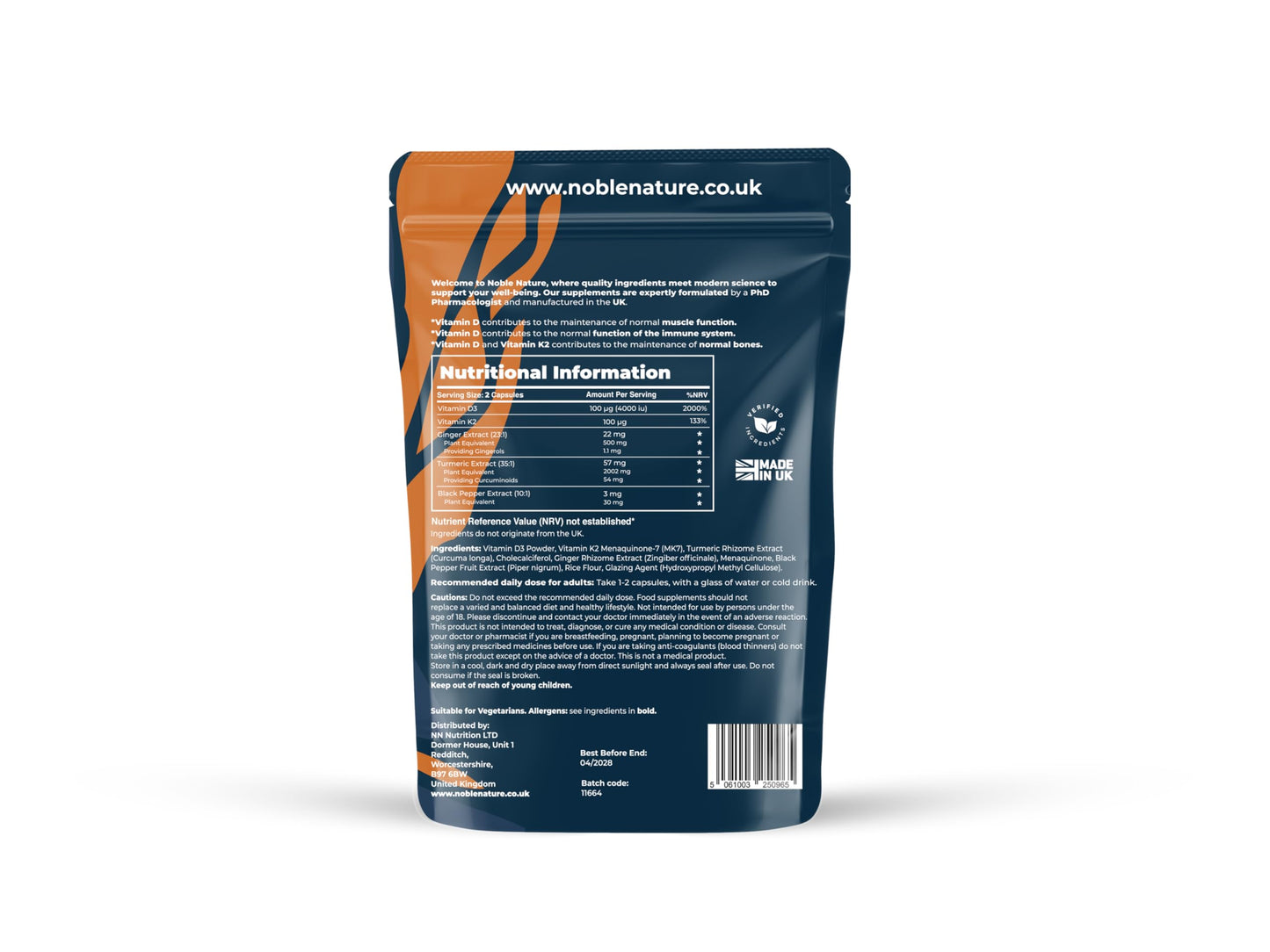 NobleNature Vitamin D3 4000IU + K2 MK7 100µg with Turmeric, Ginger & Black Pepper – High Strength 5-in-1 Formula – 90 Capsules (45 Day Supply) – UK Made Supplement with 95% Curcuminoids (90)