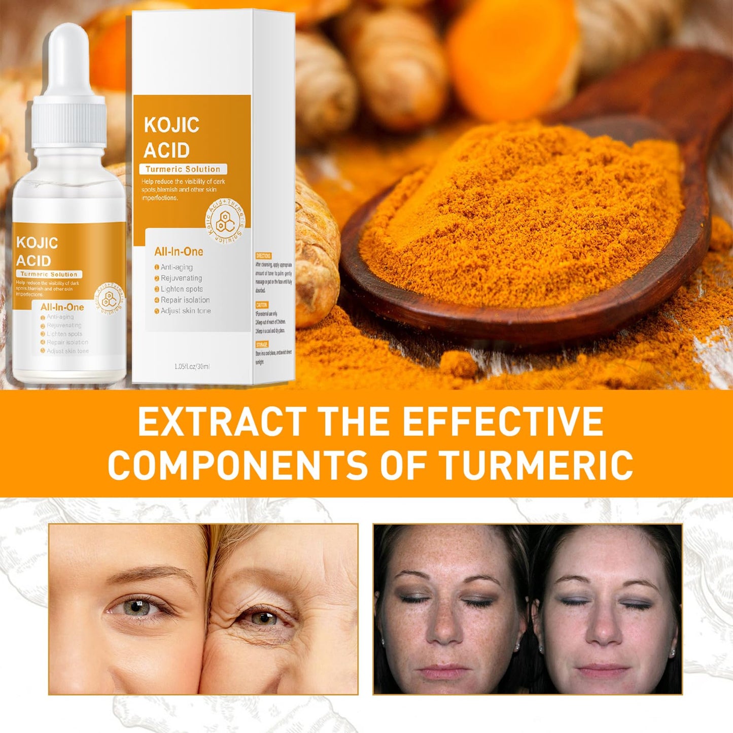 YUYUE-YY Kojic Acid Turmeric Oil Serum Face, Turmeric Oil Face Serum Enriched with Turmeric, Aloe Vera, Seaweed and Goji Berry Extracts to Illuminate Skin Tone, Anti-Aging, Skincare for Man & Women