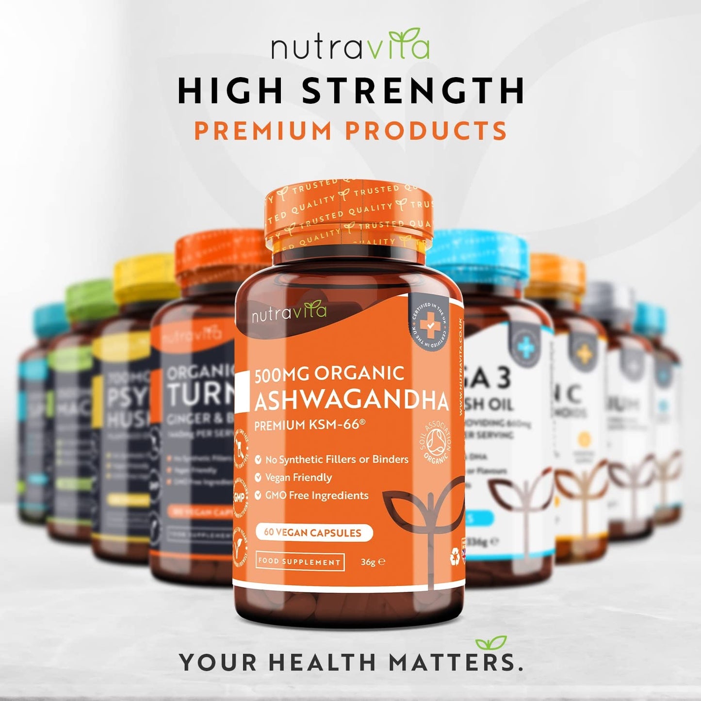Organic Ashwagandha KSM-66® with 5% Withanolides - Vegan Friendly with The Highest Concentration Most Bioavailable Full-Spectrum Root Powder For Immune Support - Made in The UK by Nutravita