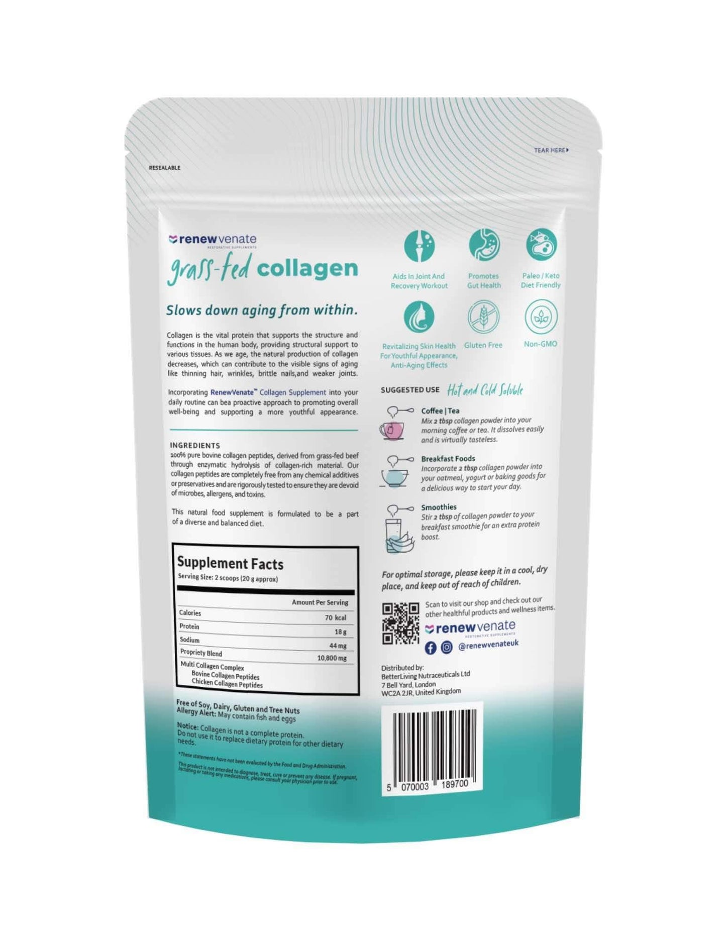 RenewVenate Grassfed Collagen Powder – Premium Hydrolyzed Protein for Hair, Skin, Nails & Joint Support – Non-GMO, Gluten-Free, Keto-Friendly 400g