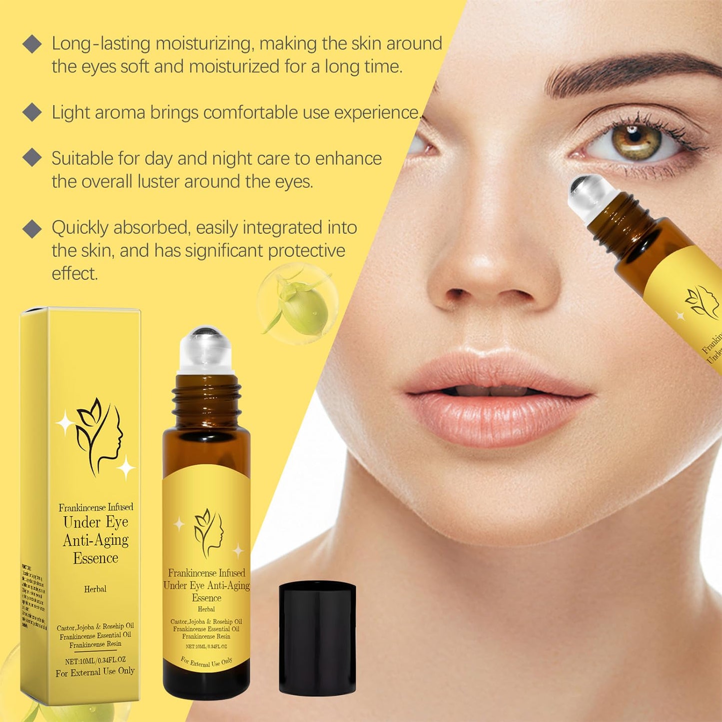 Generic Castor Oil and Frankincense Eye Roller | Organic Under Serum for Dark Circles and Bags | Moisturizing Treatment for Tired Eyes | Under Eye Oil Roller for Firmer Look
