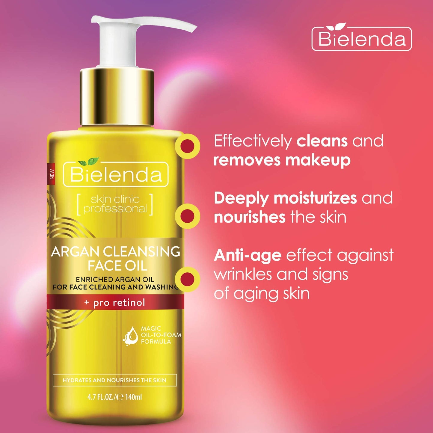 Bielenda Argan Face Oil - Essential Face Treatment Cleans Removes Makeup Deeply Moisturizes And Nourishes The Skin - Anti-Aging Effect Against Wrinkles - Argan Cleansing Face Oil With Pro-Retinol - 140 ml