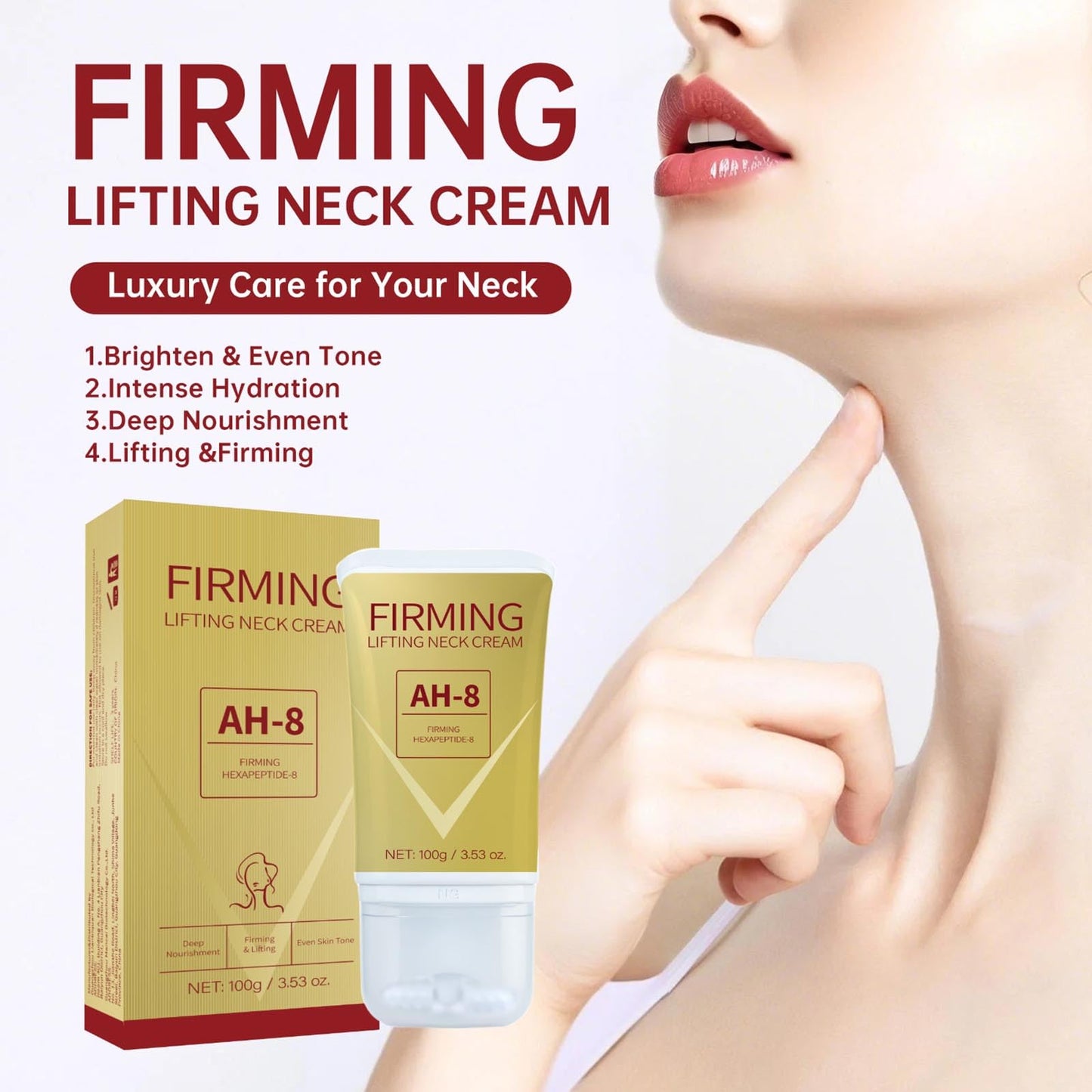 Ah-8 Firming Neck Cream, Neck Firming Cream with Roller, Tighten and Lift Neck Cream Contain Hexapeptide, Ah8 Neck Firming Cream Firm and Lift Sagging Skin, Reduce Wrinkles Fine Lines and Double Chin