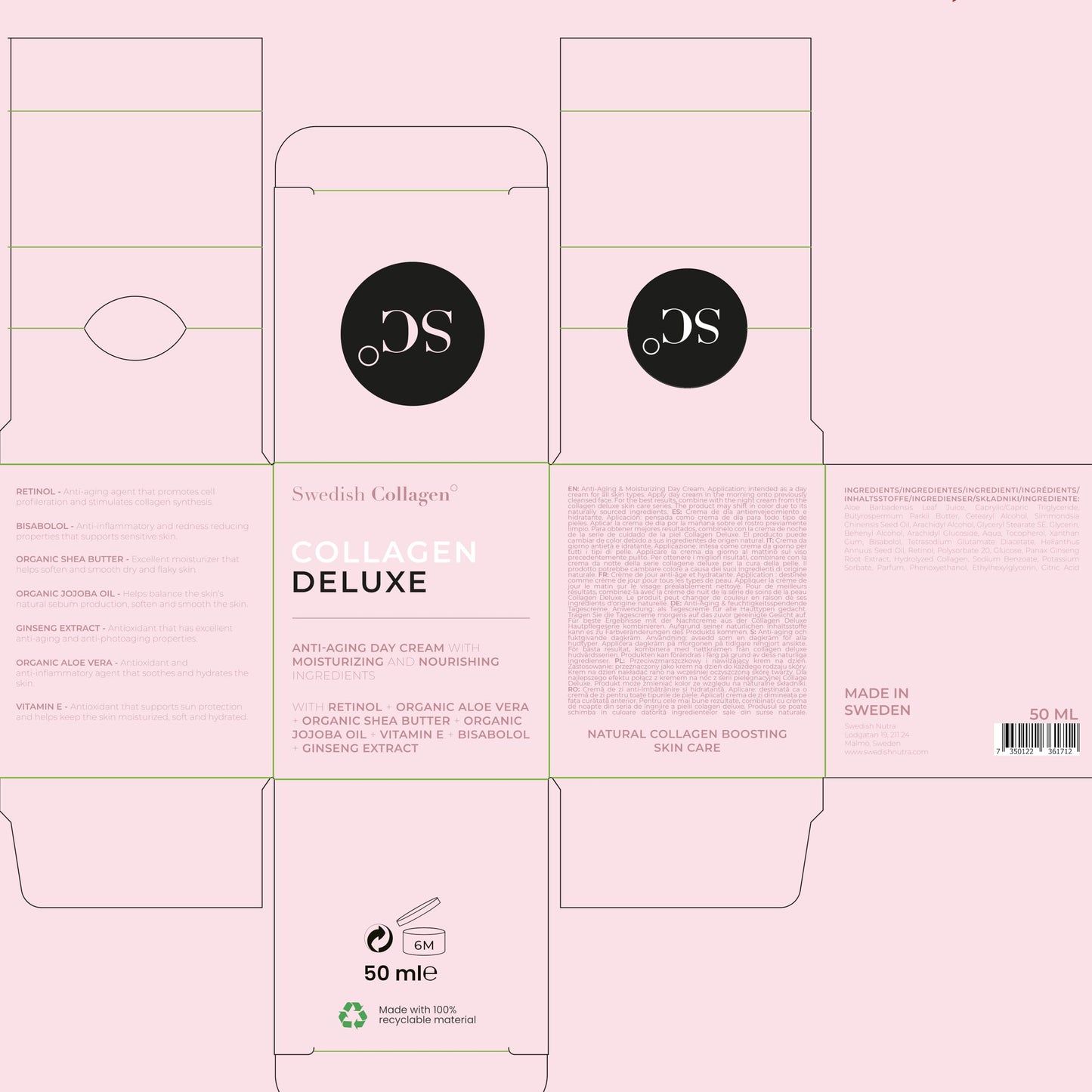 Swedish Collagen Retinol Day Cream I Hydrated & Smooth Skin Treatment I Vitamin E, Organic Aloe Vera, Shea butter, Jojoba Oil I Made in Sweden - 50ml