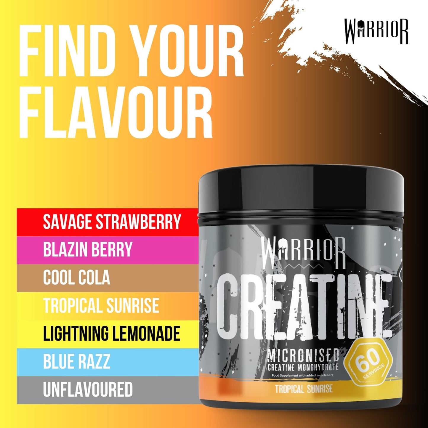 Warrior Creatine Monohydrate Powder 300g – Micronised – Proven to Improve Physical Performance and Recovery, 5g Servings (Tropical)