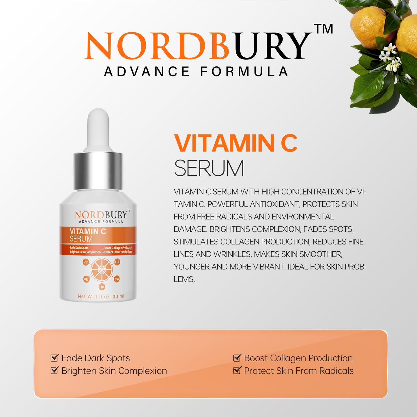 NORDBURY Nordbury Vitamin C Serum, Pure 20% Vitamin C with Vitamin E & Hyaluronic Acid for Face Day & Night, Brighten Skin Complexion Boost Collagen Production Fade Dark Spots Protects Skin from Radicals