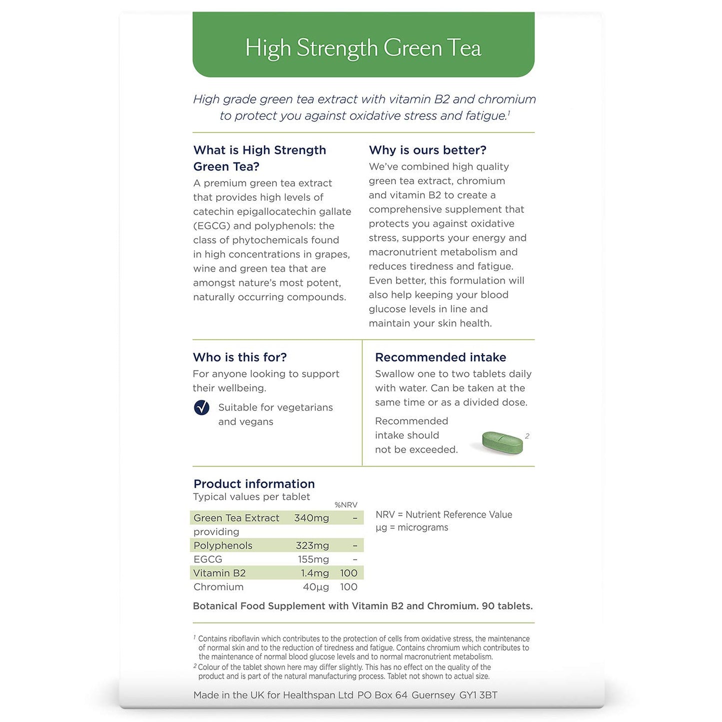Healthspan Green Tea | High Strength | 90 Tablets | Chromium | Vitamin B2 | 323mg of Polyphenols | 155mg of Catechin Epigallocatechin Gallate (EGCG) | Vegan