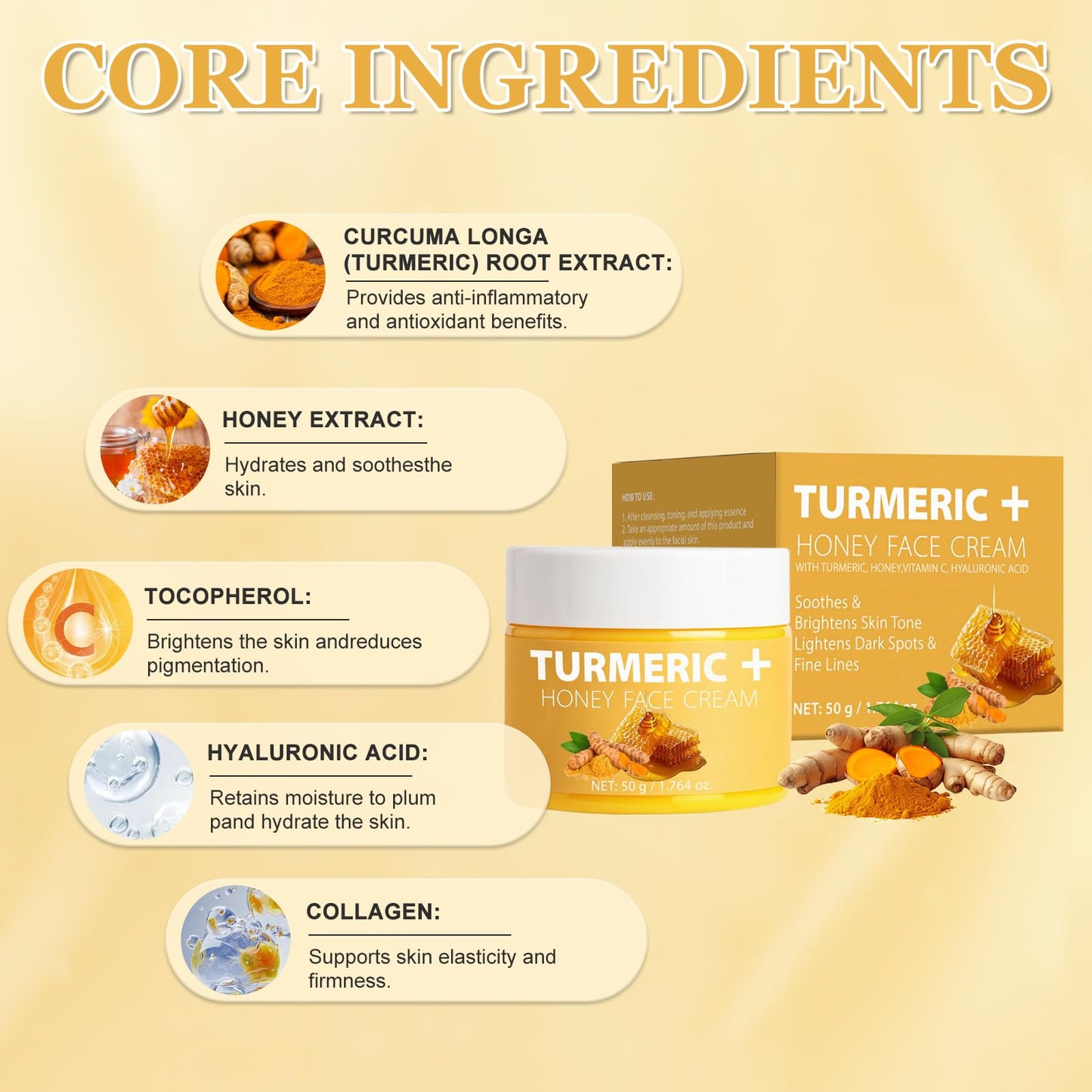 Turmeric Face Cream, Brightening Face Cream with Honey & Vitamin C, Dark Spot Remover for Face, Moisturizing Skin Care Day & Night Facial Cream Wrinkles, Fine Line and Uneven Skin Tone