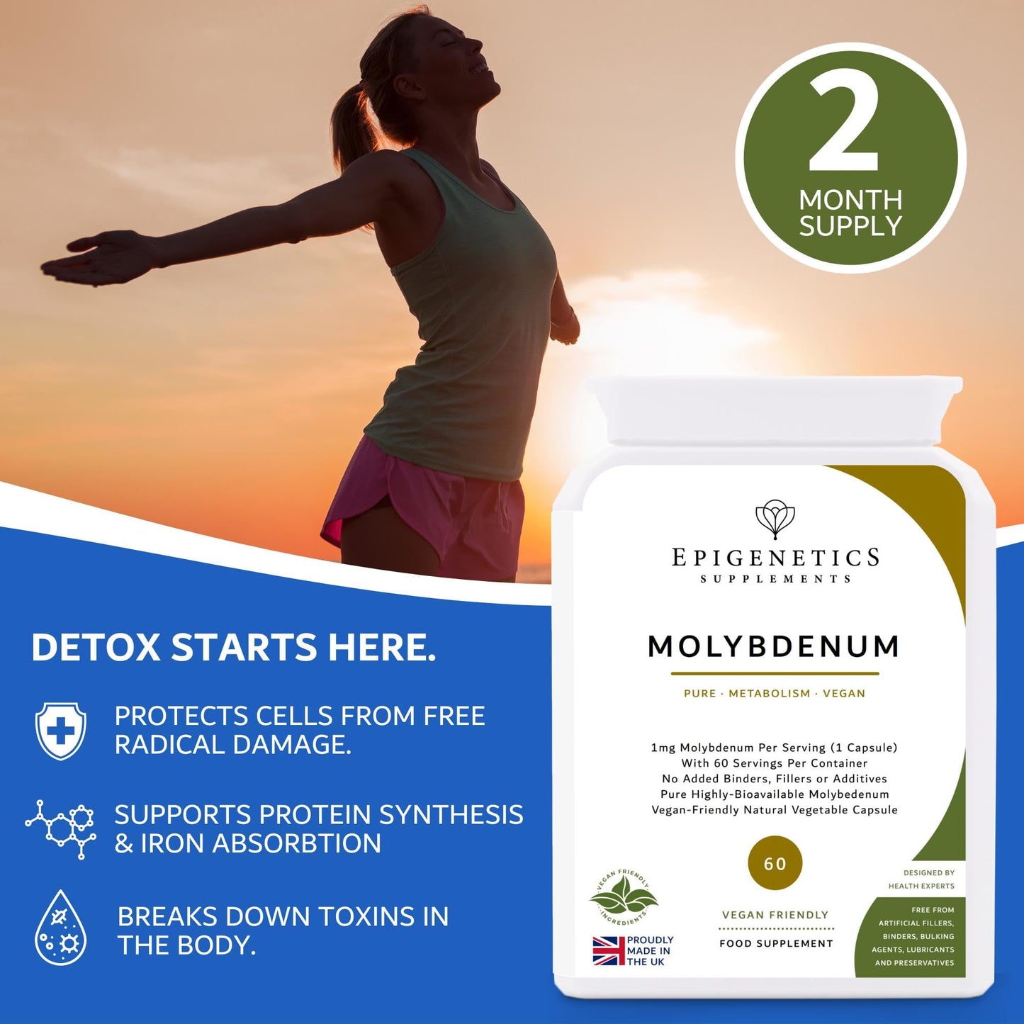 Molybdenum Capsules | Highly Bioavailable Supplement | 60 Capsules, Long 2-Month Supply Without Fillers, Binders or Additives | 1mg Potassium Molybdate Per Serving | Made in The UK & Vegan Friendly