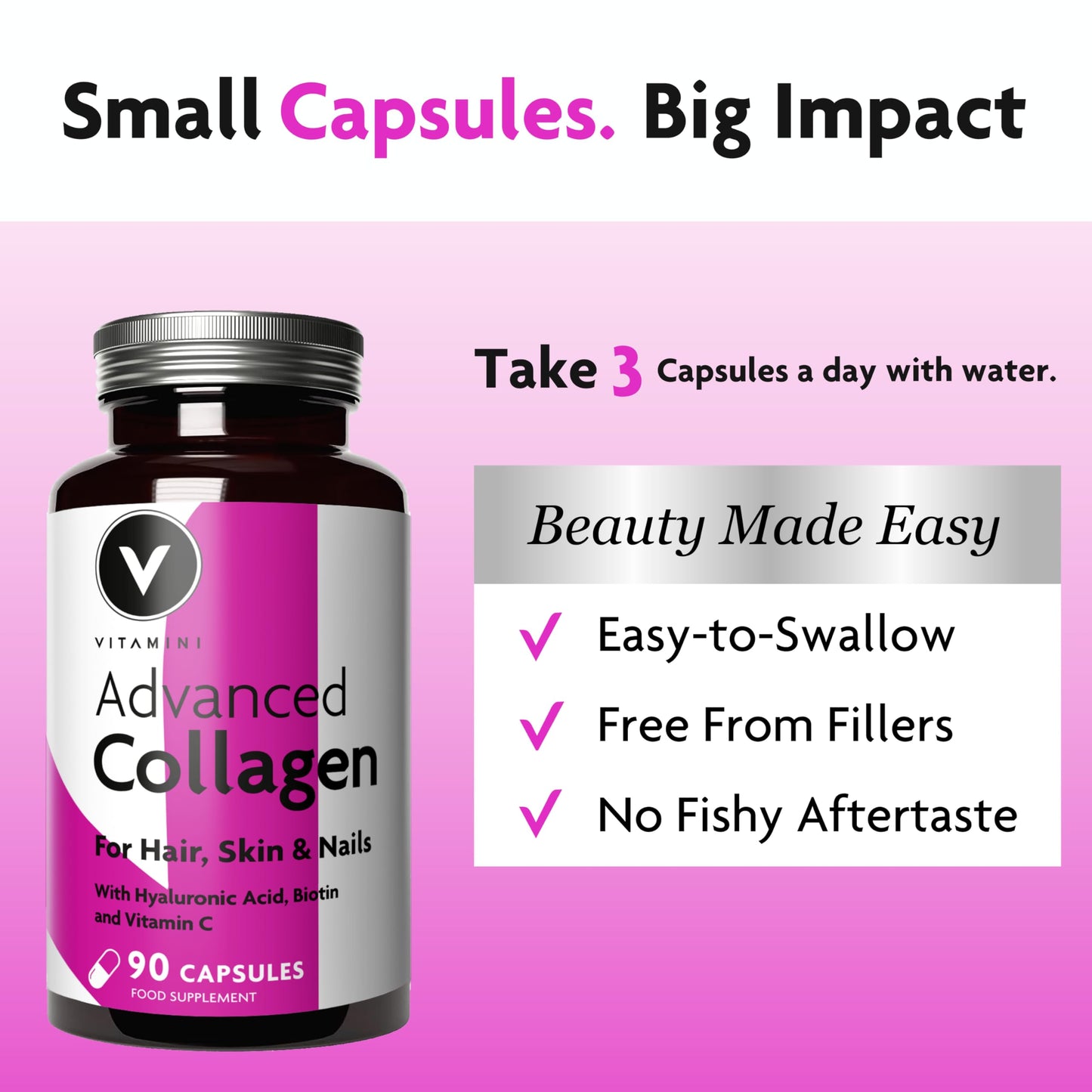 V Vitamini Bigger Pack, Better Value – Premium Advanced Collagen Supplements for Women – Marine Collagen, Hyaluronic Acid, Vitamin C & E – Radiant Skin, Hair, Nails – UK Made – 180 Capsules, 60 Day Supply