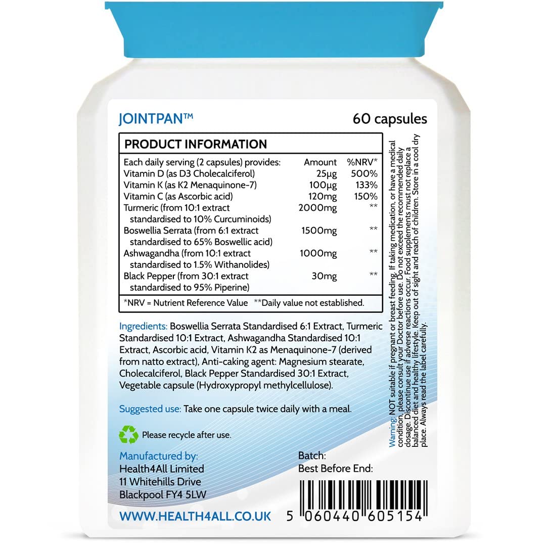 Health4All Jointpan Joint Support 60 Capsules (not Tablets) with Boswellia Serrata, Turmeric, Ashwagandha, Vitamins D3 and K2 MK-7. Strong Joint Pain, stiffnes and OA Supplement