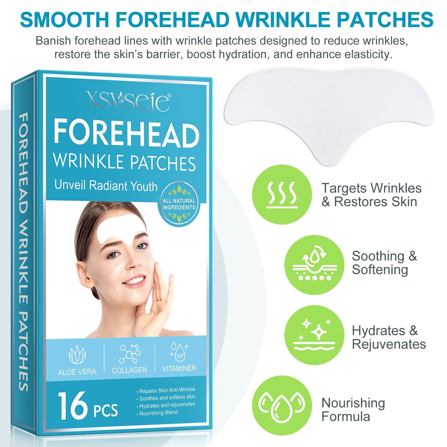 Feeliville 16PCS Forehead Wrinkle Patches, Collagen Forehead Anti Wrinkle Patches with potent anti-aging agents, for Fine Lines & Frown Lines,Moisturizing forehead & between eyes