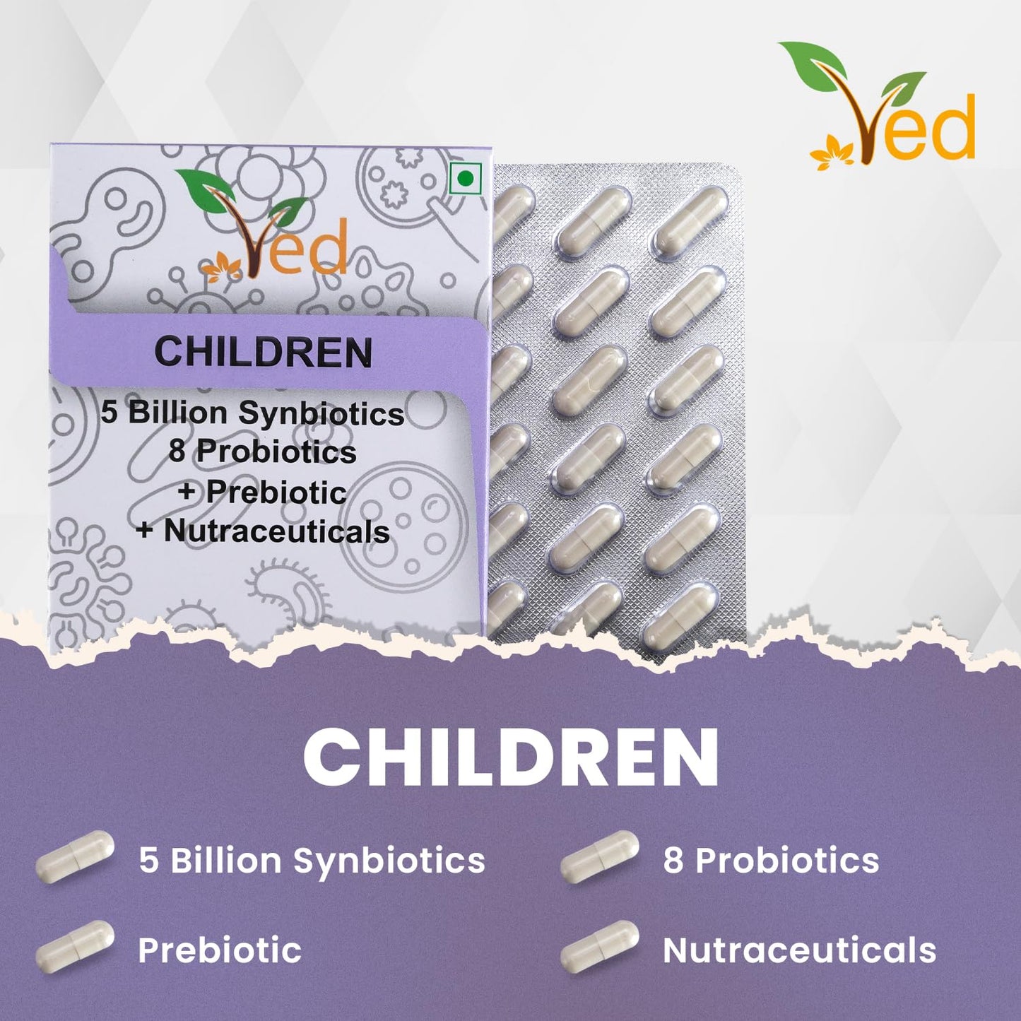 VED Children Complex Probiotics and Prebiotics Complex - 5 Billion CFU - 28 Probiotic Complex Capsules for Children - Lactobacillus helveticus, Rhamno. 28 Days Supply.