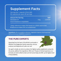 Molybdenum Capsules | Highly Bioavailable Supplement | 60 Capsules, Long 2-Month Supply Without Fillers, Binders or Additives | 1mg Potassium Molybdate Per Serving | Made in The UK & Vegan Friendly