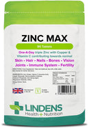 Lindens Zinc Max Tablets - 90 Pack - Provides 300% Nrv Dose and Fortified with Vitamin C & Copper to Contribute Towards Healthy Hair, Skin, Nails, Vision & Hormone Balance - UK Manufacturer, Letterbox Friendly