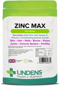 Lindens Zinc Max Tablets - 90 Pack - Provides 300% Nrv Dose and Fortified with Vitamin C & Copper to Contribute Towards Healthy Hair, Skin, Nails, Vision & Hormone Balance - UK Manufacturer, Letterbox Friendly
