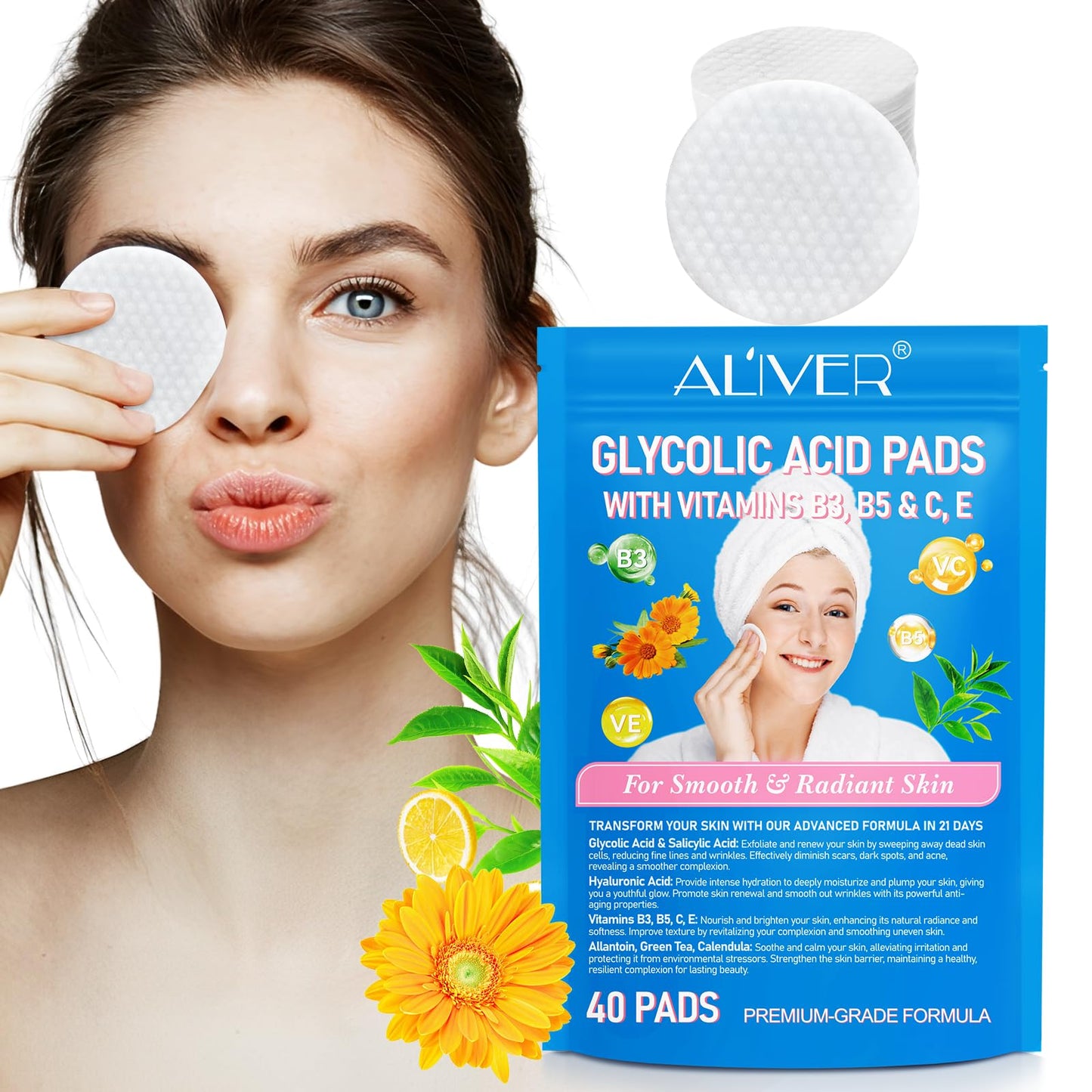 ZyranovaE Glycolic Acid Pads,Glycolic Acid Peel Pads with 10% Ultra Pure Glycolic + 2% Salicylic Acid,Cleansing Pads for Face & Body with Vitamins B3, C & E, Green Tea, Calendula, Allantoin - 40 Pads